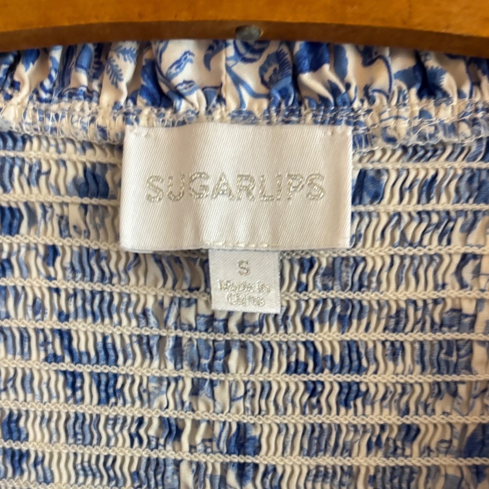 Sugarlips Blue White Floral Toile Smocked Ruffle Maxi Dress Small V-Neck Tiered - Picture 4 of 5